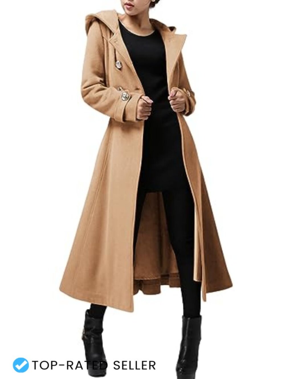 Long Double-Breasted Hooded Wool Blend Trench Coat Winter Coat